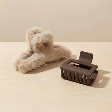 Fluffy Cross Shape & Matte Square Hair Claw Clip Set – Pack of 2